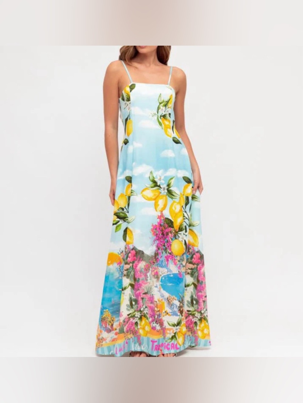 Anthropologie Paper Heart Tie Back Lemon Island Maxi Dress, size XS